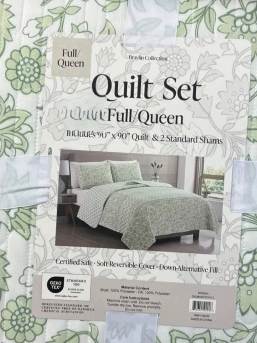 Braylin Collection Green and White Full/Queen Floral Quilt Set 90”x90”